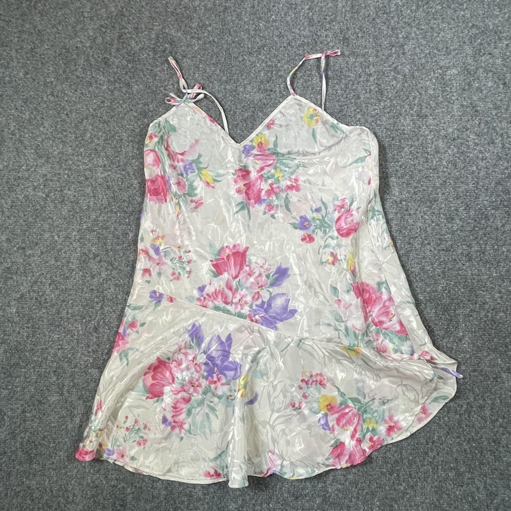 Morgan Taylor Short Nightie Large Floral Satin Ruffle Hem Chemise Coquette Fairy